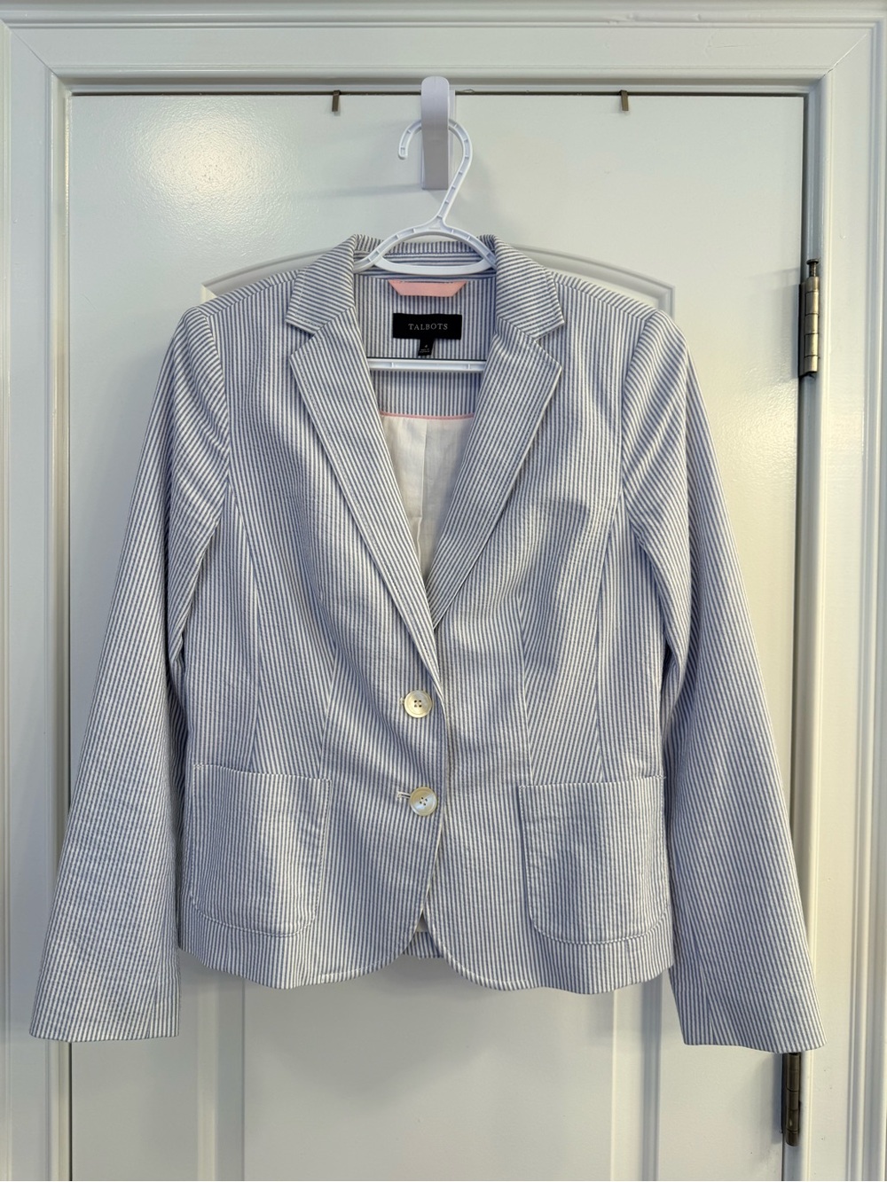 Talbots Light Blue and White Pinstripe Cotton-Blend Blazer